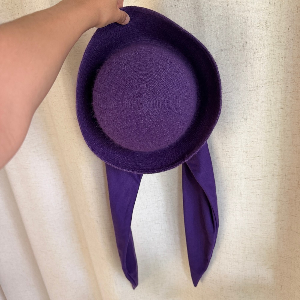 Vtg Y2K Bollman Purple Woven Straw Bucket Hat Attached Scarf Tie 60s Mod Cloche - Picture 8 of 8